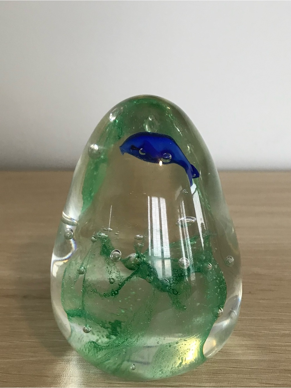 HAND BLOWN GLASS Clear Glass with Blue Dolphin and Green Swirl